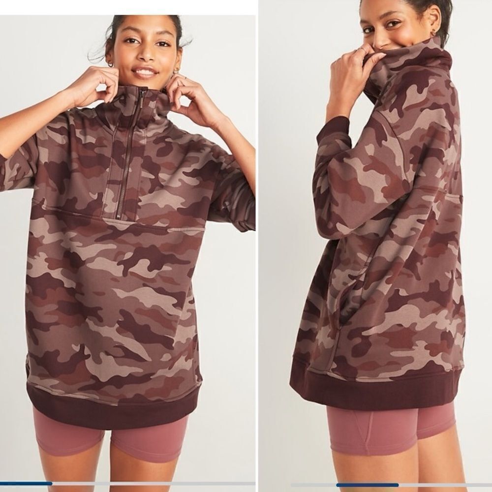 OLD NAVY Burgundy Camo 1/2 Zip Oversize French Terry Funnel Neck Sweatshirt-L